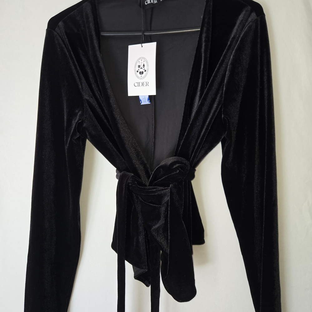 Cider Luxe Black Velvet Blazer with Tie Detail - Picture 4 of 6